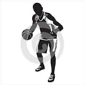 Professional basketball player silhouette with ball, vector illustration. Basketball dribbling skills.