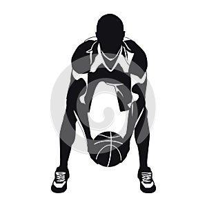 Professional basketball player silhouette with ball, vector illustration. Basketball dribbling skills, moves, tricks.