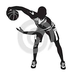 Professional basketball player silhouette with ball, vector illustration. Basketball dribbling skills, moves, tricks.