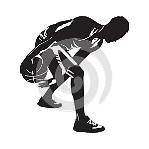 Professional basketball player silhouette with ball, vector illustration. Basketball dribbling skills.