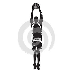 Professional basketball player silhouette jumping and shooting ball into the hoop, vector illustration