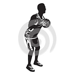 Professional basketball player silhouette shooting ball into the hoop, vector illustration