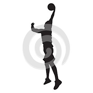 Professional basketball player silhouette shooting ball into the hoop, vector illustration. Slam dunk shooting technique