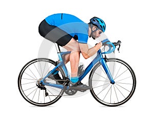 Professional bicycle road racing cyclist racer  in blue sports jersey on light carbon race in aerodynamic downhill descent