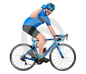 Professional bicycle road racing cyclist racer in blue sports jersey on light carbon race cycle celebration celebrating win. sport