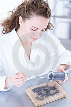 Professional biotechnologist analyzing a sample