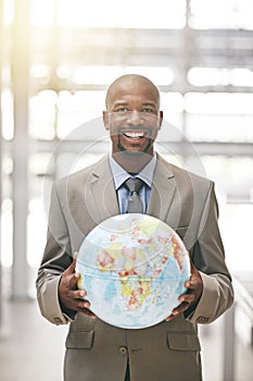 Professional black man, globe and global business, smile in portrait and Earth, map with worldwide corporate success