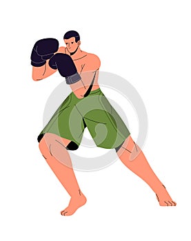 Professional boxer standing in boxing stance. Strong athlete training punches. Box sportsman in sport gloves do