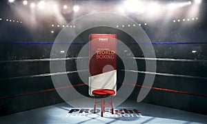Professional boxing arena in lights with chair 3d rendering