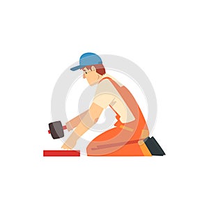 Professional Builder with Rubber Mallet, Male Construction Worker Character in Orange Overalls and Blue Cap with