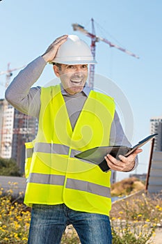 Professional builder standing with a notebook