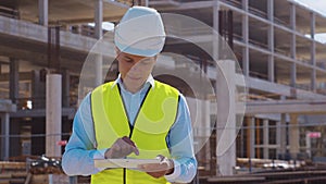 Professional builder standing with tablet computer in front of construction site. Foreman in helmet and vest. Office