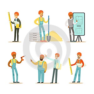 Professional Builders with Tools Set, Construction Workers Characters in Hardhats and Workwear Cartoon Vector