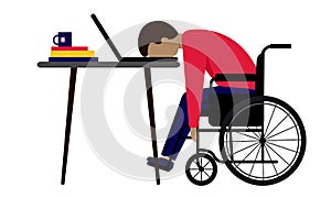 Professional burnout. The disabled person in the workplace is tired. A character in a wheelchair at work.