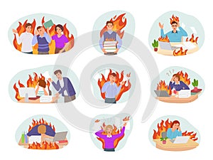 Professional burnout. Employees on fire at work, cartoon office chaos of deadline and working stress vector illustration