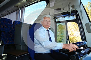 Professional bus driver at steering wheel.