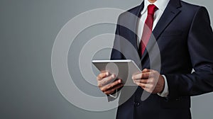 A professional in business attire holding a tablet photo