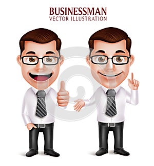 Professional Business Man Character with Pointing and OK Hand Gesture