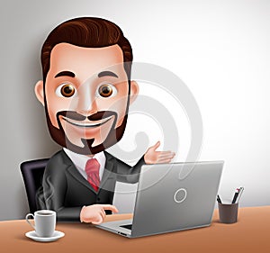 Professional Business Man Vector Character Happy Sitting and Working in Office Desk