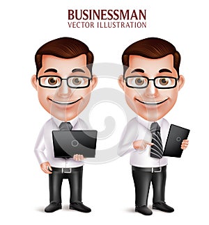 Professional Business Man Vector Character Holding Laptop and Mobile Tablet