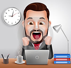 Professional Business Man Vector Character with Shocked and Surprised Expression Working in Office Desk