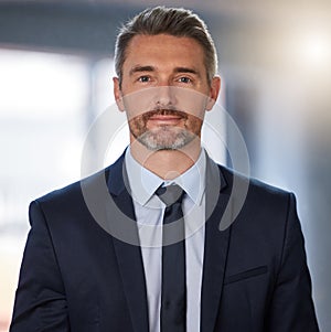 Professional, business and mature man in office for portrait with information, ideas and company growth for future