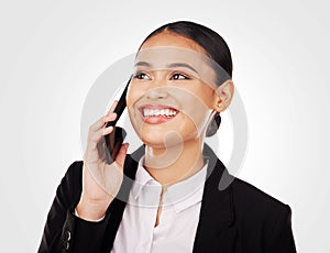 Professional, business and woman with phone on call for networking, face and digital in studio on white background