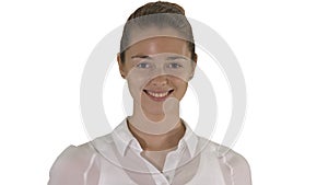 Professional business woman walking on white background.