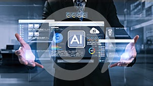 Businessman Presenting Futuristic Artificial Intelligence Interface with Virtual Displays of Data Analytics and