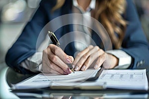 Professional businesswomen using calculators to carefully compute daily expenses photo