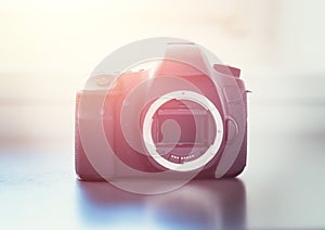 Professional camera: Reflex camera with open sensor. Sunlight photo