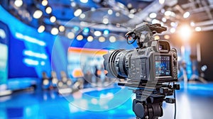 A professional camera set up in a studio, ready for filming or broadcasting
