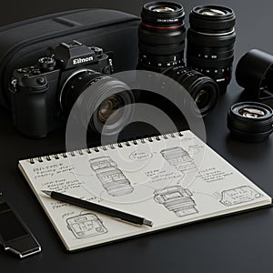 A professional camera setup on a dark surface includes a digital camera