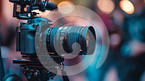 Professional camera on tripod in cinematic setup