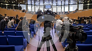 A professional camera on a tripod set up in front of a press conference. generative ai.