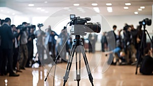 A professional camera on a tripod set up in front of a press conference. generative ai.