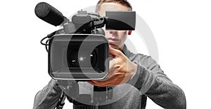 Professional cameraman, isolated on white background.