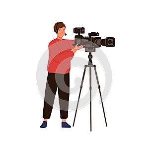 Professional cameraman or operator isolated on white background. Man videographer character holding camera. Movie