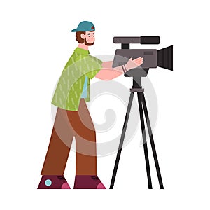 Professional cameraman, operator, videographer with camera a vector illustration