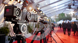 Professional cameras on tripods lining a red carpet event, capturing the glamor