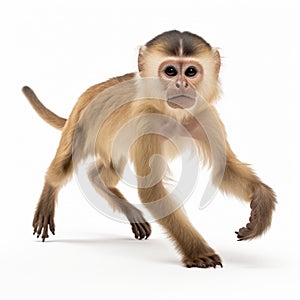 Professional Capuchin Monkey Photo: Brown Monkey In Motion On White Background