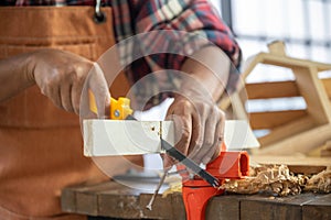 professional carpenter man working with woodwork industry tool construction, craftsman person workshop with timber and equipment