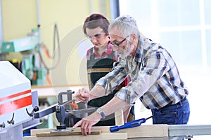Professional carpenter teaching young woman apprentice