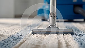 Professional carpet cleaning process using a modern vacuum cleaner on a plush white carpet in a contemporary home interior setting