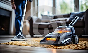 Professional carpet cleaning service in action with a worker using a steam cleaner to deep clean a beige carpet in a modern living