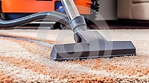 Professional Carpet Cleaning Service. Janitor Using Vacuum Cleaner. Generative Ai