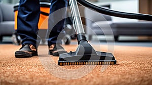Professional Carpet Cleaning Service. Janitor Using Vacuum Cleaner. Generative Ai