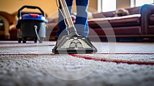 Professional Carpet Cleaning Service. Janitor Using Vacuum Cleaner. Generative Ai