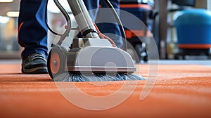 Professional Carpet Cleaning Service. Janitor Using Vacuum Cleaner. Generative Ai