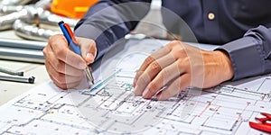 Professional caucasian civil engineer measuring and drawing blueprint. AIG42.